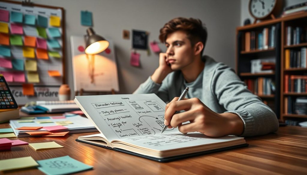 A contemplative student sitting at a wooden desk, surrounded by colorful sticky notes and a digital planner, thoughtfully assessing their time management habits. In the foreground, focus on a close-up of a hand writing in a notebook, with a sleek pen, showcasing detailed notes and sketches of time management techniques like the Pomodoro technique and daily planners. In the middle ground, a wall calendar filled with deadlines and reminders adds depth, while a warm desk lamp casts a soft, inviting light over the scene. The background features a bookshelf filled with motivational books and a clock ticking in the corner, creating an atmosphere of productivity and focus. The overall mood should inspire organization and determination, with a cozy yet professional ambiance.