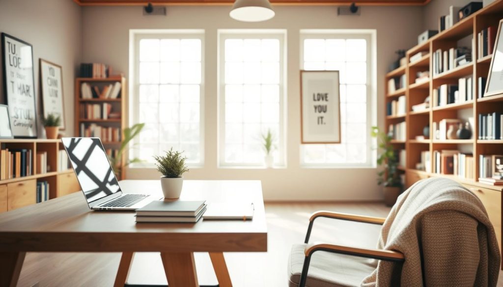 A serene study environment designed for productivity and focus. In the foreground, a sleek wooden desk is clutter-free, featuring a laptop, neatly stacked notebooks, and a potted plant. A cozy chair, draped with a soft throw, invites comfort. In the middle ground, bright natural light streams through large windows, illuminating the room and creating a warm ambiance. Shelves lined with books and inspirational artwork adorn the walls, emphasizing a scholarly atmosphere. In the background, a soft, muted color palette enhances the calming effect of the space. The overall mood is tranquil yet invigorating, encouraging concentration and creativity. The scene is captured with a shallow depth of field, focusing on the desk while gently blurring the background to emphasize the study area.