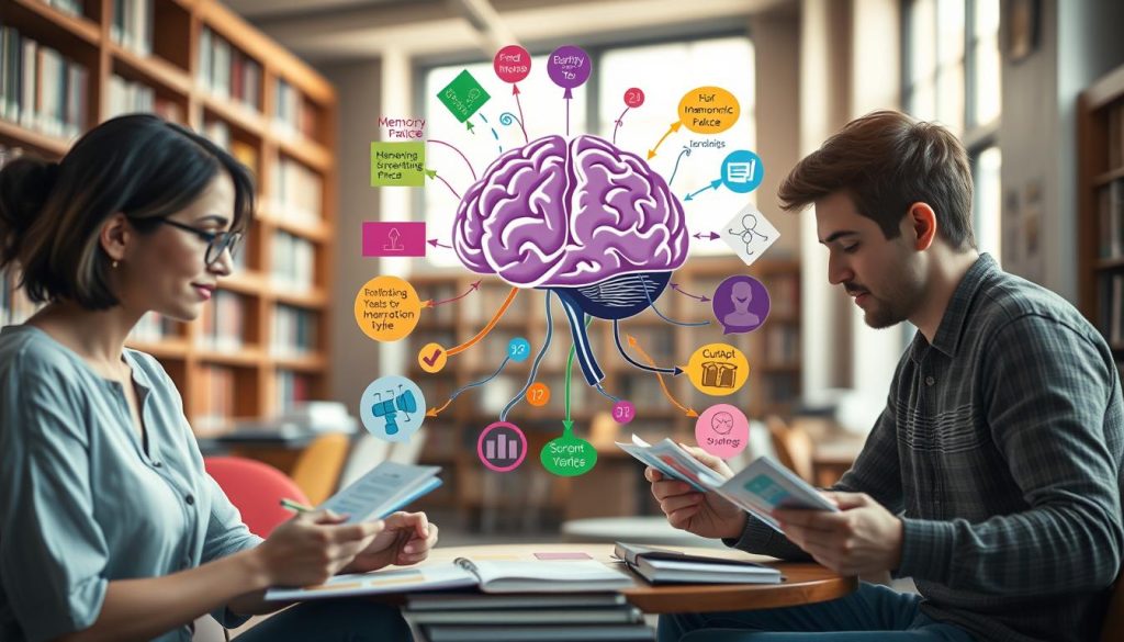A serene study environment showcasing memory techniques and information retention. In the foreground, a diverse group of three students—one female and two males—engaged in active learning, using colorful mind maps and flashcards. The middle layer features a large, visually appealing brain illustration with interconnected nodes symbolizing memory pathways, surrounded by vibrant imagery of mnemonic devices like a memory palace and chunking strategies. The background is softly blurred, depicting a well-lit library with bookshelves filled with educational materials. Natural light filters through large windows, casting a warm glow across the scene, creating a calm and focused atmosphere. Capture the image from a slightly elevated angle, emphasizing collaboration and the creative process of studying effectively.