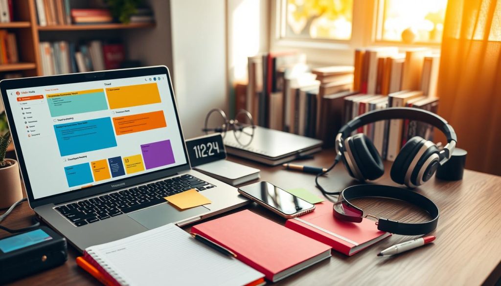 A sleek workspace featuring an organized desk surrounded by various time management tools for students. In the foreground, a laptop displays a colorful task management app, alongside a vibrant planner, sticky notes, and a digital clock. The middle ground highlights a smartphone showing a calendar app, paired with stylish noise-canceling headphones. The background reveals a bookshelf filled with study guides and motivational books, bathed in warm, natural light filtering through a window, creating a cozy and focused atmosphere. The scene is shot with a slight overhead angle using soft lighting, evoking a sense of productivity and inspiration, ideal for students aiming to optimize their time management skills.
