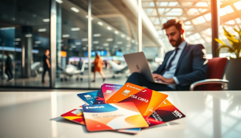 A vibrant, modern office setting with a glass wall overlooking a bustling airport terminal in the background, symbolizing travel and adventure. In the foreground, a sleek table is adorned with a few top airline credit cards fanned out, showcasing vibrant designs and logos. To the side, a professional-looking individual in business attire is seated, reviewing a travel itinerary on a laptop, embodying the excitement of frequent flying. Soft natural light streams in, reflecting off the glass, creating a warm and inviting atmosphere. The camera angle is slightly elevated, capturing both the credit cards and the dynamic airport scene behind, giving a sense of movement and opportunity. The overall mood is optimistic and aspirational, ideal for frequent travelers aiming to maximize their rewards.