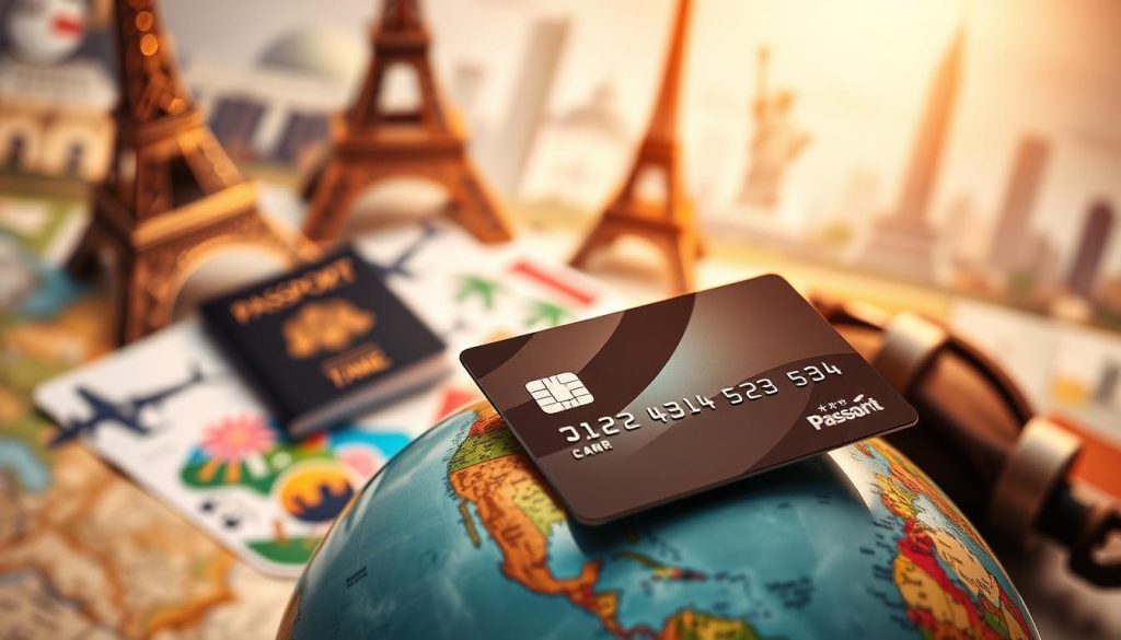 A visually appealing composition highlighting the benefits of travel rewards credit cards. In the foreground, a stylish credit card with an eye-catching design lies atop a globe, symbolizing global travel. In the middle, there are scattered travel-related items such as a passport, boarding pass, and travel-themed stickers, adding context to the travel rewards concept. In the background, a blurred image of famous landmarks like the Eiffel Tower and the Statue of Liberty creates an adventurous atmosphere. The scene is bathed in warm, inviting lighting that evokes excitement and wanderlust, captured from a slightly elevated angle to showcase both the credit card and travel items effectively. The overall mood is inspiring and aspirational, encouraging the viewer to envision the endless travel possibilities with rewards credit cards.