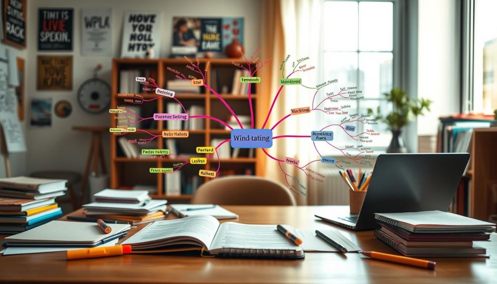 A visually engaging mind mapping diagram centered in the foreground, showcasing colorful branching nodes with keywords related to effective note-taking techniques. The middle ground features a serene study environment with a well-organized desk cluttered with notebooks, highlighters, and a laptop, all under soft, natural lighting filtering through a nearby window. The background presents an inspiring wall adorned with motivational posters and a bookshelf filled with educational materials, adding warmth to the atmosphere. This image conveys a productive and focused mood, encouraging efficient study habits. The angle is slightly elevated, providing a comprehensive view of the entire setup, emphasizing the creativity and organization of ideas essential for learning.