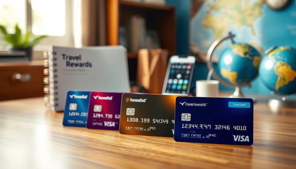 A visually striking image of multiple travel rewards credit cards arranged elegantly on a wooden table. In the foreground, showcase three vibrant credit cards with different designs, highlighting their logos and color schemes. In the middle background, include a stylish travel planner and a smartphone displaying travel booking apps, subtly emphasizing the idea of maximizing rewards. A soft, warm light illuminates the scene, creating an inviting atmosphere and casting gentle shadows. In the distant background, suggest elements of world travel such as a globe or travel brochures, hinting at adventure and exploration. Use a shallow depth of field to keep the focus on the credit cards while blurring the background elements, giving a professional and polished appearance to the composition. The overall mood should be motivational and optimistic, inspiring viewers to consider their travel possibilities.
