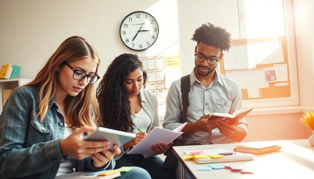 In a bright and organized study room, a diverse group of three students—two females and one male—are engaged in effective time management techniques. In the foreground, a student with glasses is using a digital planner on a tablet, while another student is writing notes on a notepad, surrounded by color-coded sticky notes. In the middle ground, a wall clock prominently displays time management tips and a bulletin board filled with calendars and schedules. Sunlight streams in through a window, casting warm, motivational light across the room, creating an atmosphere of focus and productivity. The scene captures a collaborative spirit, highlighting the importance of effective study habits and time management for academic success, all depicted with a soft focus lens that conveys a sense of clarity and purpose.
