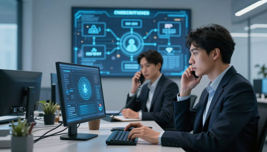 A modern office environment illustrated as the cybercrime reporting process. In the foreground, a focused business person, dressed in professional attire, interacts with a computer displaying a cybersecurity interface. In the middle ground, another individual, also in business attire, engages in a phone call, taking notes. Behind them, a digital board showcases flowcharts and icons representing various types of cybercrimes, like phishing and data breaches. The room is well-lit with a blue-toned color palette to evoke a sense of urgency and professionalism. Soft shadows enhance the atmosphere, while the scene captures a moment of collaboration and action, emphasizing the importance of effective reporting in combating cybercrime.