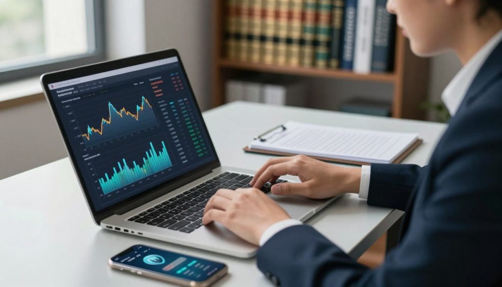 A modern office setting with a focused individual sitting at a sleek desk, analyzing data on a laptop screen displaying graphs and alerts about online fraud. In the foreground, a pair of hands expertly types on a keyboard, emphasizing urgency and action. The middle layer includes a notepad with written notes and a smartphone with a security app open, indicating immediate steps to take. The background reveals a blurred bookshelf filled with law and finance books, adding context to the scene. Soft, natural light streams through a window, creating a calm yet intense atmosphere. The person is dressed in smart business attire, representing professionalism and diligence in tackling online fraud issues.