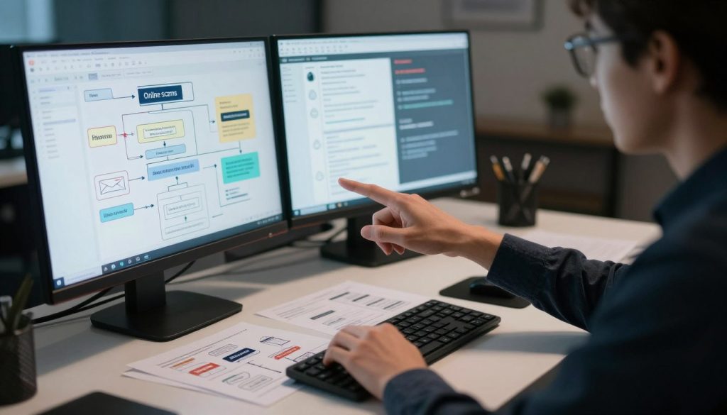 A person sitting at a sleek, modern desk, focused on their computer screen, which displays a complex flowchart mapping out various online scams. In the foreground, a hand points to a specific scam highlighted on the screen, emphasizing the action of recognizing scams in digital spaces. In the middle ground, scattered documents with illustrations of common scam tactics, such as phishing emails and fake websites, create a sense of urgency. The background features a room with dim ambient lighting, highlighted by a soft glow from the computer screen, setting a serious and concentrated mood. Shot from a slight angle to enhance depth, with a shallow depth of field to make the foreground elements stand out sharply against a softly blurred background.