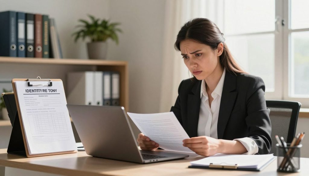 A professional office setting, focusing on a secure workspace to symbolize identity theft prevention. In the foreground, a woman in business attire sits at a sleek desk with a laptop, reviewing documents with a concerned yet determined expression. To her side, a clipboard displaying items like a locked diary, an identity theft report, and a checklist for immediate steps stands prominently. In the middle ground, a shelf filled with reference books on cybersecurity and legal recourse adds depth, while a potted plant brings a touch of calm. The background features a window with soft, natural light streaming in, casting gentle shadows, creating an atmosphere of focus and urgency. The overall color palette should be warm and inviting, to convey hope and action in the face of adversity.